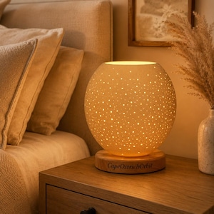 May include: A spherical table lamp with a textured white surface featuring numerous small perforations that emit a warm glow. The lamp rests on a circular wooden base with the text CapeOstrichOrbit printed in black on the front side.