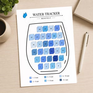Op de afbeelding: Een maandelijkse watertracker-pagina met de kop WATER TRACKER MONTHLY en twee blauwe waterdruppelpictogrammen. Het bevat een omtrek van een glas gevuld met 31 genummerde blauwe blokjes voor de dagen en een legenda voor het aantal kopjes.