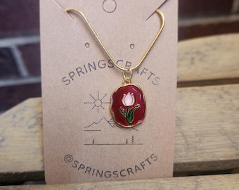 Pink Rose on Red Charm Necklace