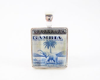 Blue Elephant & Palm Tree Pendant, Vintage 1938 Gambia Postage Stamp Jewelry, African Animal Necklace, Monochromatic Color, Gift Under 35