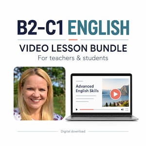 Op de afbeelding: Een digitale download getiteld B2-C1 ENGLISH VIDEO LESSON BUNDLE For teachers & students. De afbeelding toont een glimlachend blond persoon en een laptop met een videospeler die de tekst Advanced English Skills weergeeft.