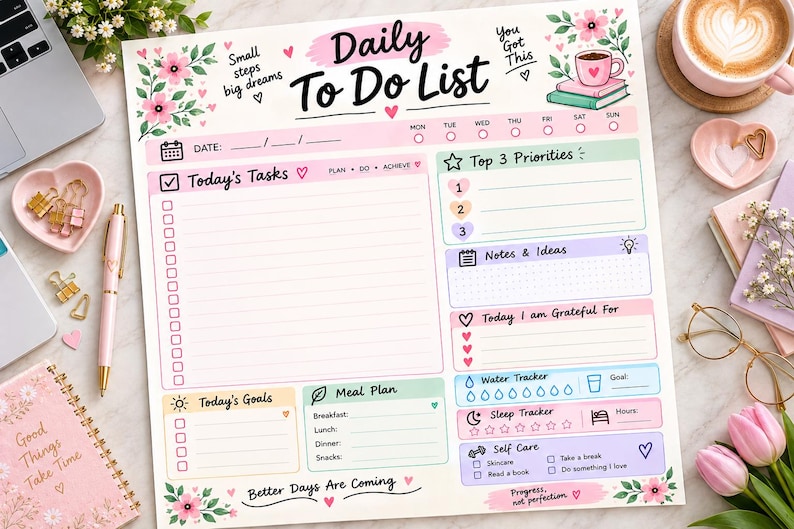 Daily Planner Printable PDF, to Do List Planner, Feminine Self Care ...