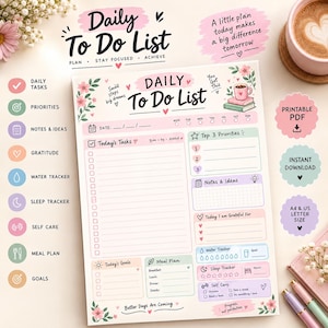 Peut inclure: Une page de planification quotidienne avec des sections pour les tâches, les priorités, les notes, la gratitude, le suivi de l'eau, le sommeil, les soins personnels et les repas. Design avec motifs floraux, couleurs pastel et texte Daily To Do List.