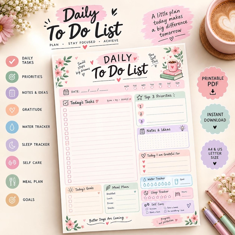 Daily Planner Printable PDF, to Do List Planner, Feminine Self Care ...