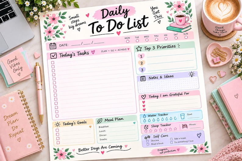 Daily Planner Printable PDF, to Do List Planner, Feminine Self Care ...