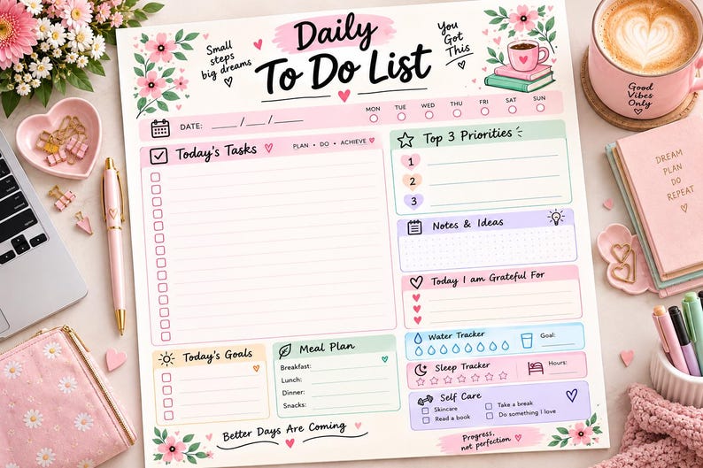 Daily Planner Printable PDF, to Do List Planner, Feminine Self Care ...