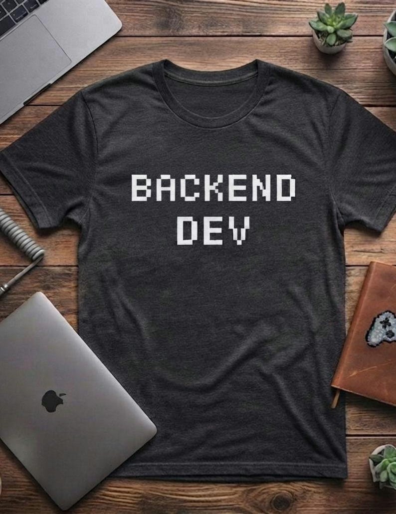 May include: A dark charcoal gray short-sleeve t-shirt featuring the text BACKEND DEV printed in a white, pixelated, blocky font across the center of the chest. The shirt has a classic crew neckline and a standard fit with a heathered texture.
