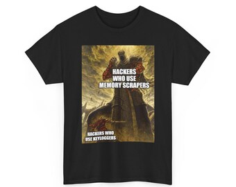 Camiseta con meme de hacker, raspadores de memoria vs. registradores de pulsaciones de teclas, camiseta de humor sobre ciberseguridad