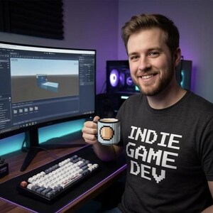 May include: A dark gray t-shirt with the white pixelated text INDIE GAME DEV, paired with a white mug featuring a brown pixelated circle design. The scene includes a computer monitor displaying 3D software and a mechanical keyboard with gray and white keys.