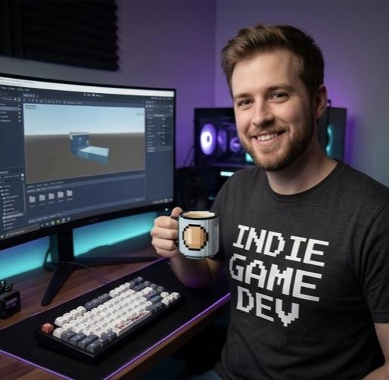 May include: A dark gray t-shirt with the white pixelated text INDIE GAME DEV, paired with a white mug featuring a brown pixelated circle design. The scene includes a computer monitor displaying 3D software and a mechanical keyboard with gray and white keys.