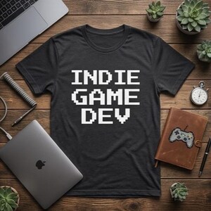 May include: A charcoal gray short-sleeved t-shirt featuring the white pixelated text "INDIE GAME DEV" centered on the chest. The shirt has a crew neckline and is made of a solid-colored fabric, displaying a clean and straightforward design.