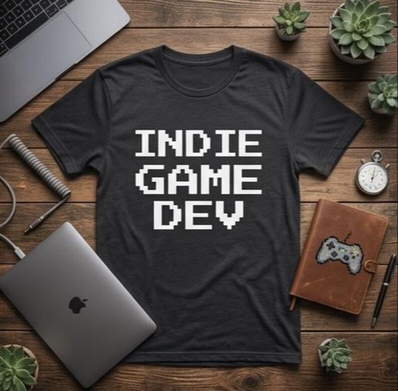 May include: A charcoal gray short-sleeved t-shirt featuring the white pixelated text "INDIE GAME DEV" centered on the chest. The shirt has a crew neckline and is made of a solid-colored fabric, displaying a clean and straightforward design.