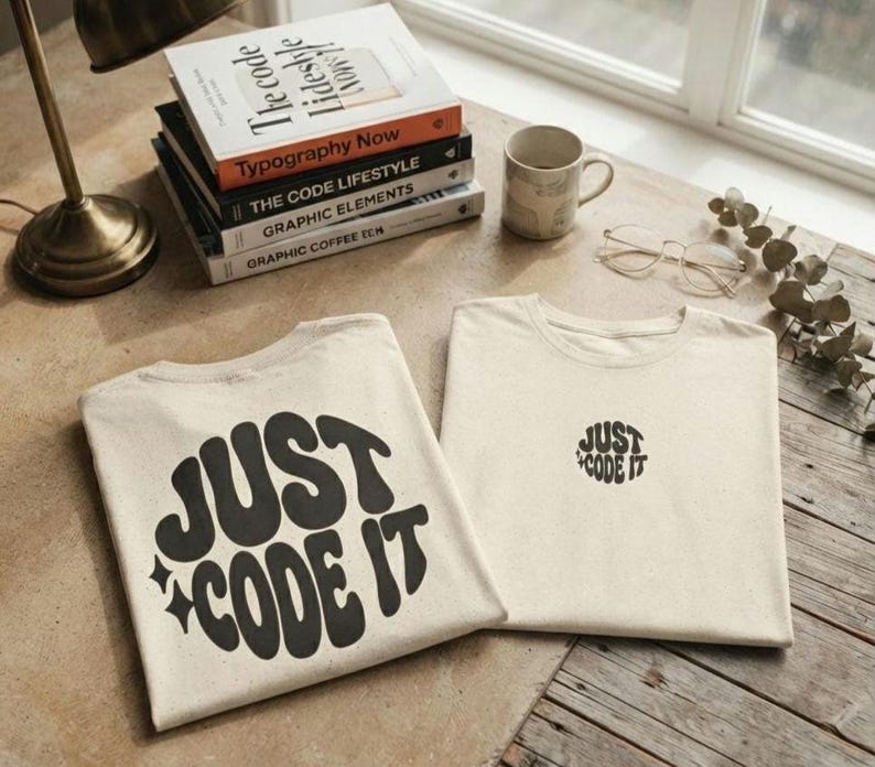Camiseta "Just Code It", camiseta retro para programadores, camiseta de programación con estampado delantero y trasero, regalo unisex para desarrolladores de software. imagen 1