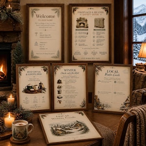 Könnte beinhalten: Eine Sammlung von sechs gerahmten Schildern für eine Ferienunterkunft, darunter ein Welcome to Our Home-Schild, ein Fireplace & Heater Safety Guide, ein Hot Cocoa & Coffee Bar-Schild, eine Winter Check-out-Checkliste und zwei Local Winter Guide-Drucke.