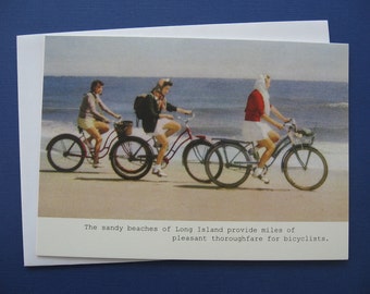 LONG ISLAND BICYCLISTS Sandy Beaches Female Bicyclists Retro Note Card, Blank Note Card, 5 x 7, Vintage New York Summer Beach Vacation Scene