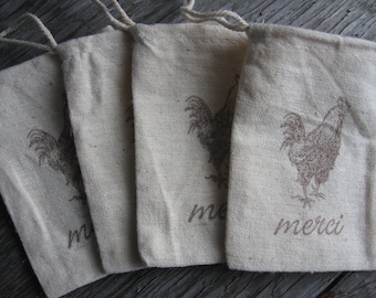 French Rooster Wedding Favor Bags (Set of 12), Merci (Thank You) Muslin Favor Bags, French Country Chic, Provence Style, 3 x 4