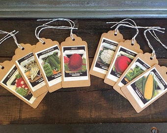 VINTAGE SEED PACKET Gift Tags, Set of 8, Assorted Veggie Seed Gift Tags w/Baker's Twine, Vegetable Seed Packet Tags, Farmer's Market Tags