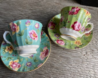 FLORAL TEACUP SET, Set/2 Teacups & Saucers, Mother's Day Gift, Easter, Spring Decor, Birthdays, Turquoise and Green Floral Cups with Saucers