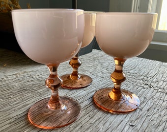 SMALL BLUSH GOBLETS Set/3 Small Goblets or Cocktail Glasses w/White Milky Interiors, Garden Parties, Spring Tabletop, Valentine's Day