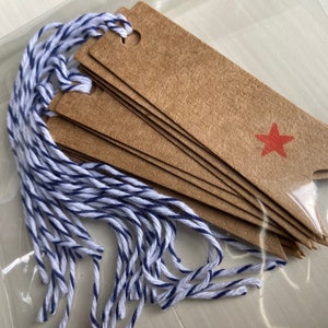 RED STAR Gift Tags, Set/12 Patriotic Red Star Gift Tags w/Navy & White Baker's Twine, Picnics, BBQs, Summer Parties, Red, White and Blue image 1