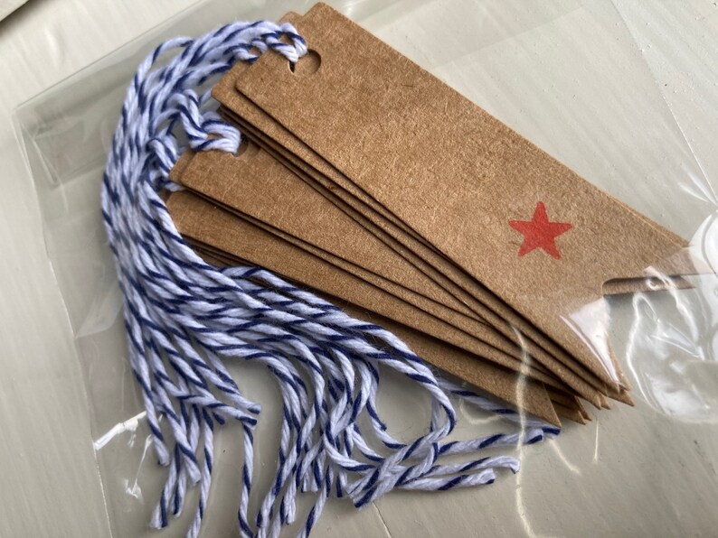 RED STAR Gift Tags, Set/12 Patriotic Red Star Gift Tags w/Navy & White Baker's Twine, Picnics, BBQs, Summer Parties, Red, White and Blue image 1