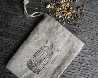 Love Birds Muslin Wedding Favor Bags (12), Personalized Initials of Bride & Groom, Love Birds in Vintage Cage, Toss Favor Bags, 3 x 4 in.
