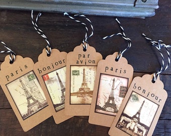 PARIS EIFFEL TOWER Gift Tags, Set/10 Parisian Postcard Gift Tags with French Words, Tied with Black & White Baker's Twine, Assortment