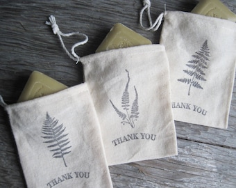 Fern Design Woodland, Rustic, or Garden Muslin Favor Bags (12), Wedding or Campsite Thank You Favors, 3 Different Designs, 3 x 4, Natural