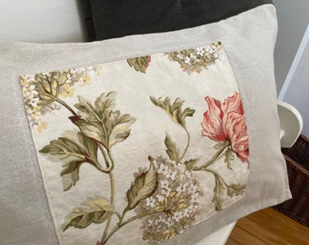 FALL FARMHOUSE HANDMADE Linen Lumbar Pillow Cover, Oatmeal Linen w/ Floral Design, Lumbar Pillow Cover, Envelope Closure, 25" x 16"