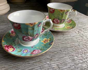 FLORAL TEACUP SET, Made in England Fine Bone China Set/2 Teacups & Saucers, Mother's Day, Easter, Spring Birthdays, Turquoise and Green