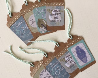 COASTAL GIFT TAGS, Set of 8 Beachy, Ocean, Nautical, Kraft Gift Tags w/Assorted Designs Tied with Mint & White Baker's Twine