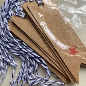 RED STAR Gift Tags, Set/12 Patriotic Red Star Gift Tags w/Navy & White Baker's Twine, Picnics, BBQs, Summer Parties, Red, White and Blue image 2