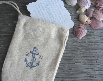 Anchor's Away Wedding Favor Bags, Set of 12 Muslin Favor Bags with Initials of Bride & Groom, Navy Blue Nautical Themed Wedding Favor Bags