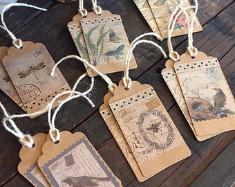 BIRDS + BEES Gift Tag Set of 12, Nature-Inspired Gift Tags with Jute Twine, Embellished Gift Tags, Birds, Butterflies, Bees, Dragonflies