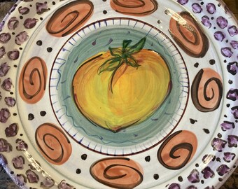 EARTHENWARE SERVING PLATE Colorful, Whimsical Wheel-Thrown Hand Painted Serving Platter | Cake Plate | Serving Dish with Peach Design