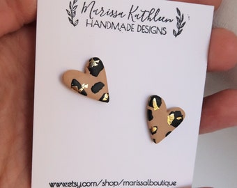 Leopard Print Heart Earrings Leopard Earrings Leopard Heart Stud Earrings Clay Earrings Animal Print Clay Earrings Christmas Gifts for Her