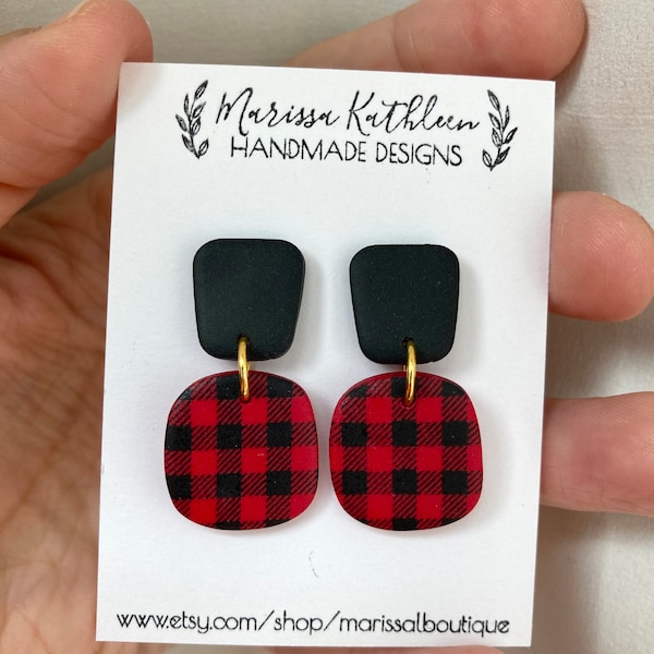 Red Buffalo check earrings clay Christmas Earrings Clay Earrings christmas plaid earrings holiday earrings holiday clay earrings neutral