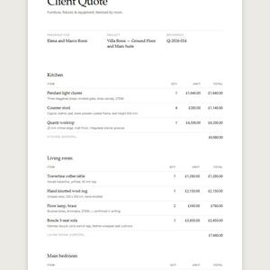 May include: A white document titled Client Quote from Atelier Nove for the Villa Rossi project. It lists interior design items for a kitchen, living room, and main bedroom, including quantities, unit prices, and totals in British pounds.