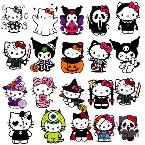 May include: A collection of nineteen cartoon character stickers featuring various feline figures dressed in Halloween-themed costumes, including ghosts, skeletons, witches, vampires, and horror movie-inspired outfits with knives and skulls.