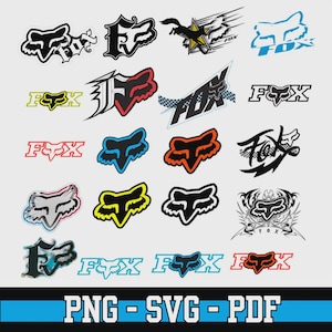 May include: A collection of twenty-one Fox Racing logo designs in various styles and colors, including black, white, red, blue, orange, and yellow. The logos feature the iconic fox head emblem and the text Fox, displayed in a grid format on a light background.