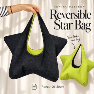 May include: A sewing pattern for a Reversible Star Bag, featuring a dark denim exterior and a lime green interior. The bag is star-shaped with two handles. Text includes 'SEWING PATTERN Reversible Star Bag', 'Two looks, one bag', and '7 sizes 20-50 cm'.