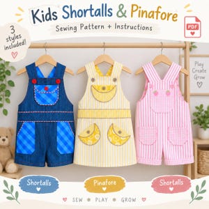 May include: Three kids' clothing items on wooden hangers: a dark blue denim shortall with blue plaid pockets, a yellow striped pinafore with floral pockets, and a pink striped shortall with strawberry-patterned pockets. Text reads Kids Shortalls & Pinafore.