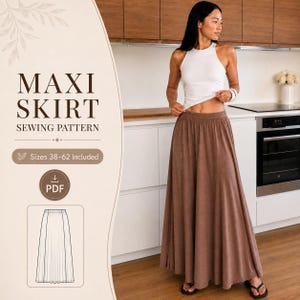 May include: A maxi skirt sewing pattern featuring a brown floor-length skirt with a wide, flowing silhouette. The digital file includes sizes 38-62. The graphic displays the text MAXI SKIRT SEWING PATTERN, a PDF download icon, and a line drawing illustration.