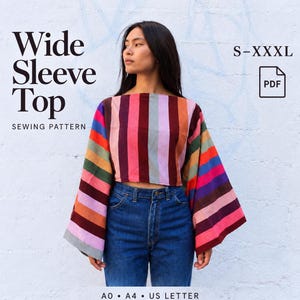 May include: A cropped top with wide sleeves featuring vertical stripes in shades of pink, purple, orange, blue, green, and brown. Text reads Wide Sleeve Top Sewing Pattern, S-XXXL, PDF, A0, A4, US Letter.