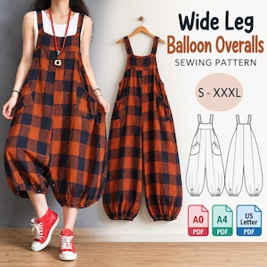 May include: Wide leg balloon overalls sewing pattern featuring a large orange and black plaid print. The design includes side pockets, shoulder straps, and gathered cuffs. Text includes Wide Leg Balloon Overalls SEWING PATTERN S - XXXL, A0 PDF, A4 PDF, and US Letter PDF.