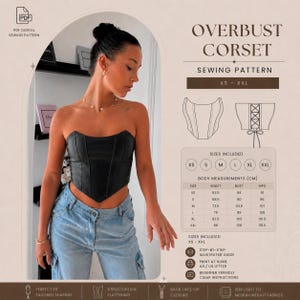 May include: A black overbust corset sewing pattern featuring a pointed hemline and structured seams. The digital file includes sizes XS to XXL with a detailed size chart showing body measurements in centimeters, a back lace-up closure, and instructions.
