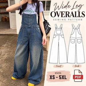 Puede incluir: Un patrón de costura para peto de pierna ancha en tallas XS-5XL, en formato PDF. La imagen muestra a una persona con un peto de mezclilla azul con bolsillo frontal y bolsillos laterales, junto a un dibujo técnico de las vistas frontal y trasera.