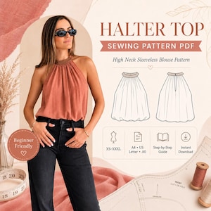 以下が含まれることがあります： ハイネックのノースリーブホルタートップのデジタル型紙。画像には「HALTER TOP SEWING PATTERN PDF」というテキスト、ブラウスのテクニカルラインドローイング、XS-XXXLサイズ、A4/US Letter/A0フォーマットを示すアイコンが表示されています。