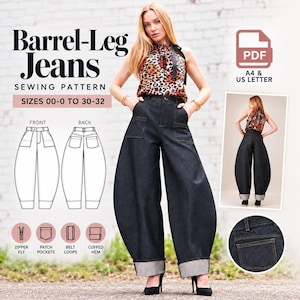 Pode incluir: Molde de costura digital para calças jeans de perna barril nos tamanhos 00-0 a 30-32, em formato PDF para A4 e US Letter. O design inclui fecho de correr, bolsos de chapa, presilhas para cinto e bainha dobrada em tecido jeans escuro.