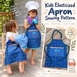 Può includere: Un cartamodello digitale per un grembiule elasticizzato per bambini, realizzato in tessuto blu effetto denim con piccole stampe floreali colorate, una tasca frontale blu tinta unita con un disegno di pesce e un laccio da collo verde scuro.